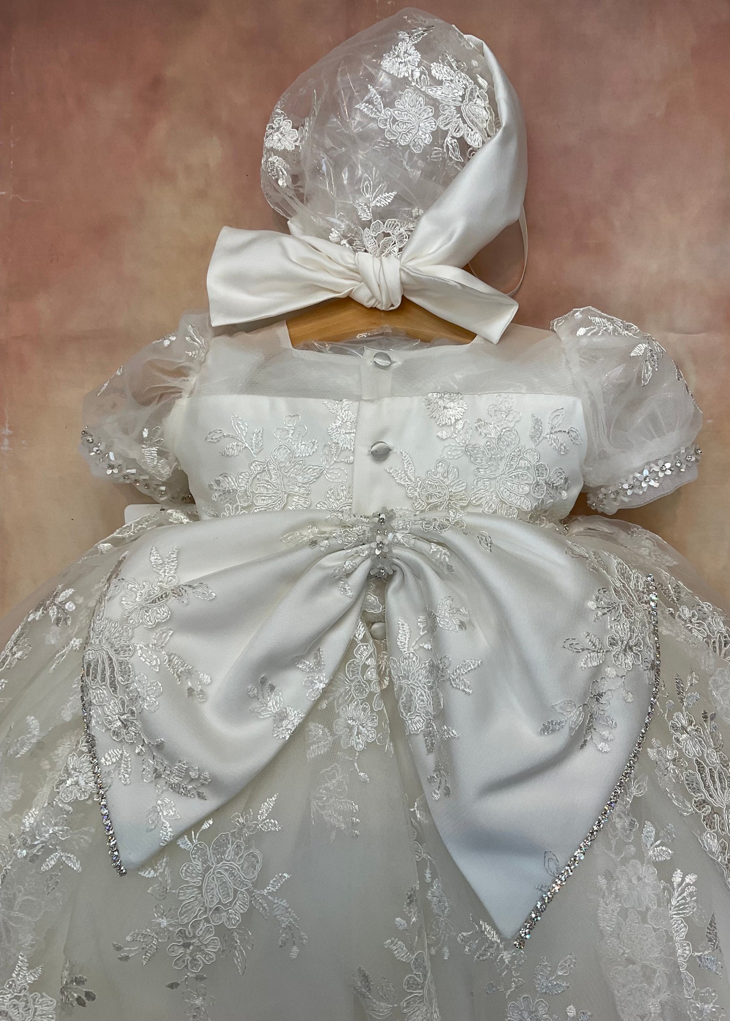 Christening Gown Long Sleeves Baptism Dress Gown White or Ivory with B –  Suma Christening Gowns, Flower Girls & First Communion